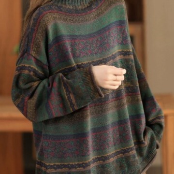 Spring New Style Retro Color-Printed Knitted Sweater for Women, Loose Half-Turtleneck Cotton Pullover Sweater 7001
