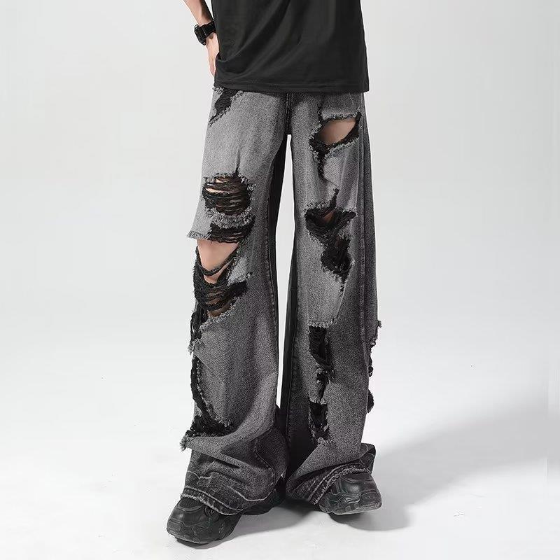 American Retro Design Sense Scraping Ripped Hole Old Washed Straight Casual Wide Leg Casual Jeans Trousers Men's Wear