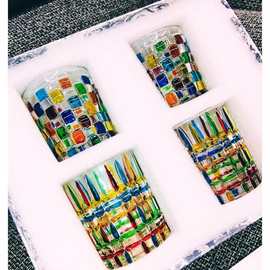 水杯 酒杯 咖啡杯 威士忌杯 4个杯子 经典格纹 手工描绘 礼盒套装