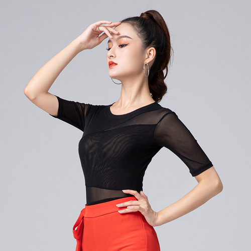 Latin dance clothes tops for women with crotchless new dance clothes mesh national standard body practice clothes with mid-sleeves