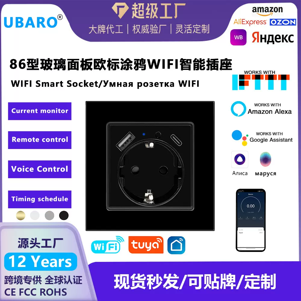 跨境82型欧标涂鸦WIFI智能插座钢化玻璃面板A+C充电Alice语音墙插