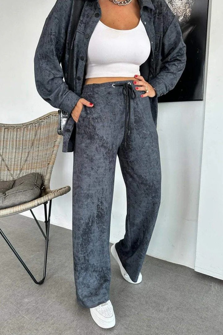 Casual Tie Dye Collared Pocket Shirt Drawstring Wide Leg Pants Set