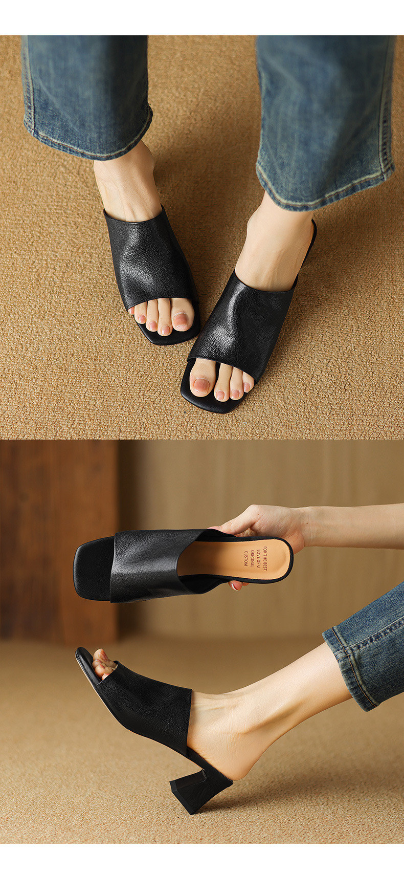Sandal cao gót nữ hở mũi quai ngang da bò đục lỗ, gót 7 cm — Đen và cao 7 cm chi tiết 10