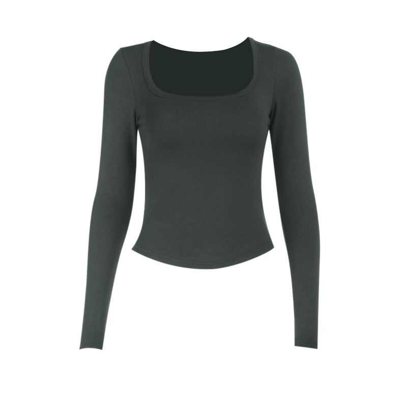 XY25222 color sólido bajo cuello en U delgado mangas largas T irregulares perilla delgada elástica camisa de punto de red rojo ropa de mujer
