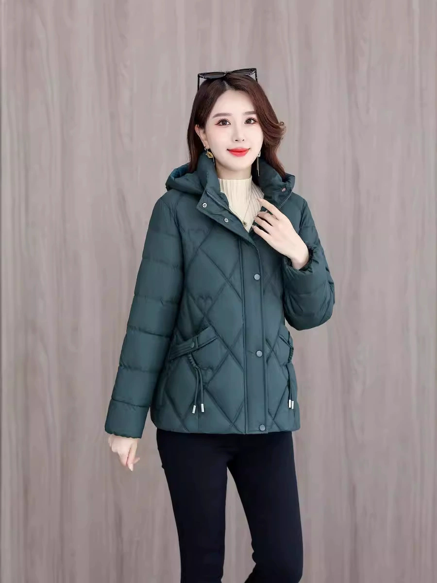 Winter short fitted warm down jacket with down with hood, Korean style, for middle age