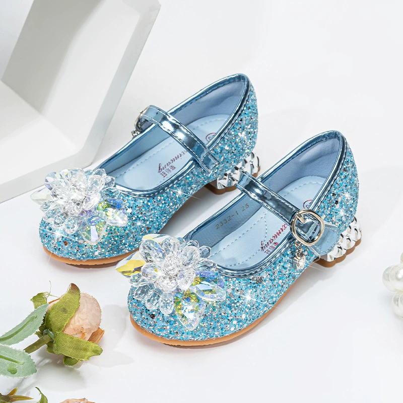 Детские туфли на каблуке для девочек, весна-осень 2025, туфли принцессы Эльзы, туфли с кристаллами, мягкие балетки, детские кожаные туфли синего цвета