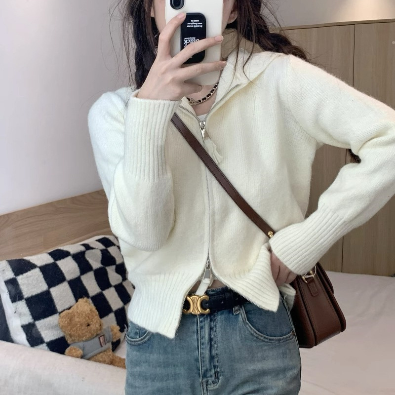 短款连帽双拉链针织衫女潮秋冬新款收腰显瘦洋气小个子毛衣女外套|undefined