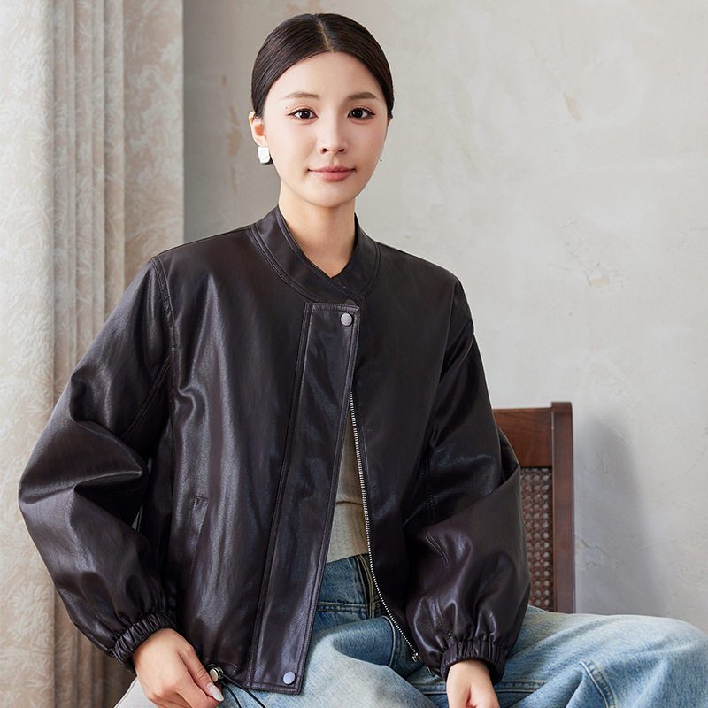 Áo khoác da nữ ngắn cổ đứng lót lông dày dặn — Cà phê đỏ với fleece dày, Màu đen Fleece dày chi tiết 10