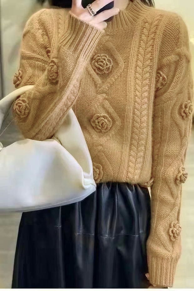 [Kasjmir Arisocraic Family] Fried Dough Twiss-genser med rund hals og blomsterprint, damegenser med løs bomullskrage_voghion.com