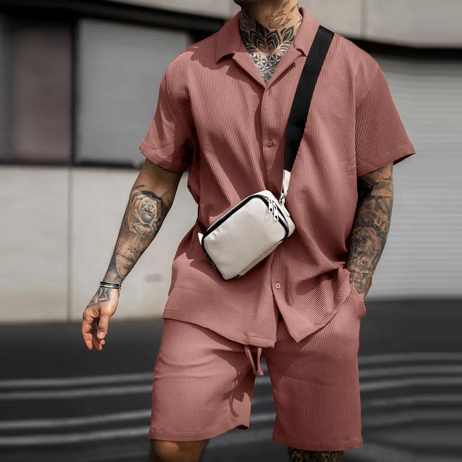 Daily Occasion Men's Solid Color Casual Turndown Short Sleeve Loose Men's Sets