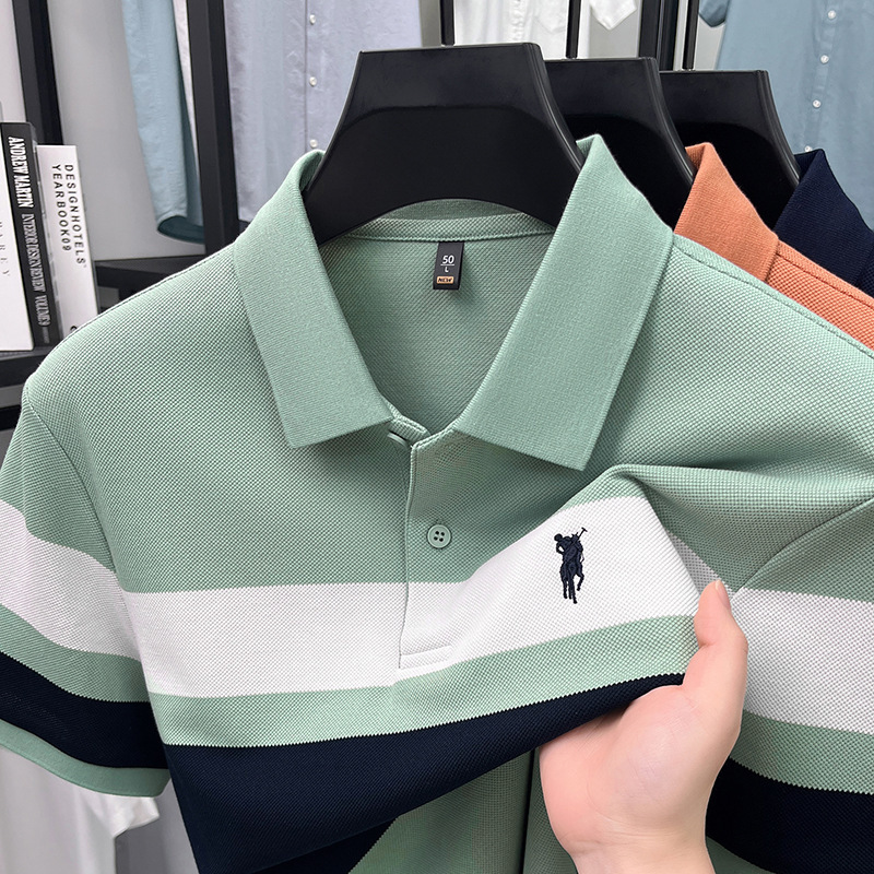 Exquisitely Embroidered Short-Sleeved T-Shirt, Cotton Blend Summer Wear, Striped Lapel Polo Shirt, Middle-Aged and Elderly Men's Clothing, Dad's Half-Sleeved Shirt Exquisitely Embroidered Short-Sleeved T-Shirt, Cotton Blend Summer Wear, Striped Lapel Polo Shirt, Middle-Aged and Elderly Men's Clothing, Dad's Half-Sleeved Shirt