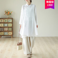 白色棉麻女宽松茶服中式佛系禅服居士打坐复古中国风棉麻女装衬衫