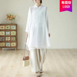 白色棉麻女宽松茶服中式佛系禅服居士打坐复古中国风棉麻女装衬衫