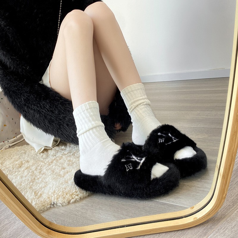 可爱kitty猫豹纹毛毛拖鞋女秋冬季外穿保暖家居棉拖鞋防滑一字拖|undefined