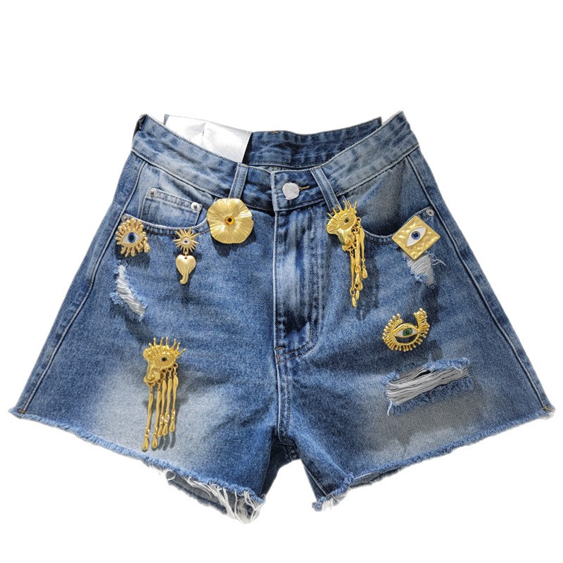 Pantalón Corto de Mezclilla para Mujer, Denim, Hebilla de Metal, Detalle Desgastado, Cintura Alta, para Uso Casual
