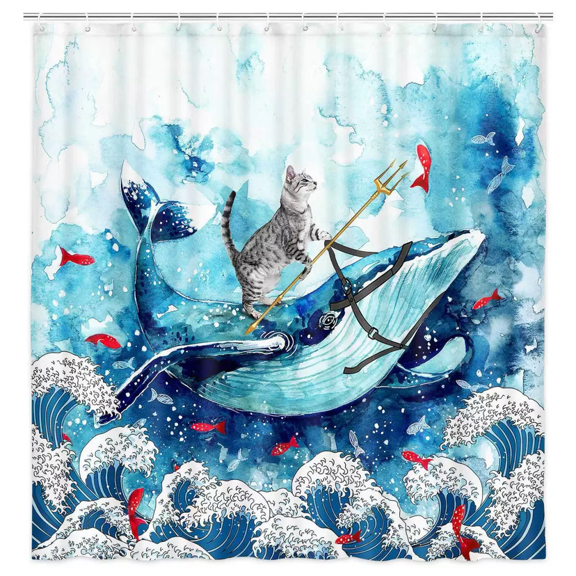 Divertida cortina de baño valiente gato sostiene tridente flecha montar tiburones en las olas ballenas gatos cortina de baño conjunto baño