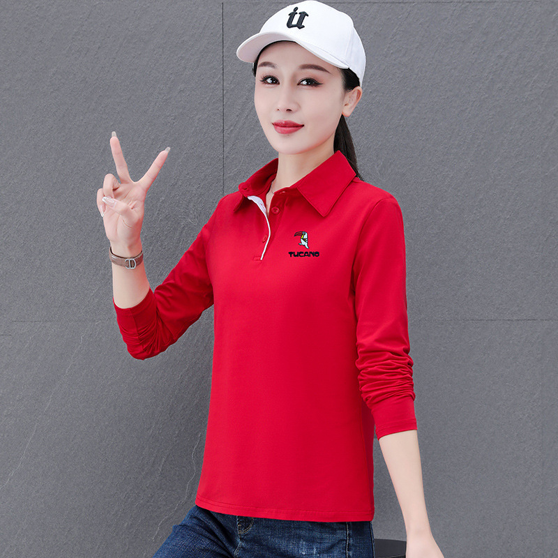 Woodpecker spring and autumn solid color Polo collar women's 2023 new trendy bottoming top loose plus size all-match team wear