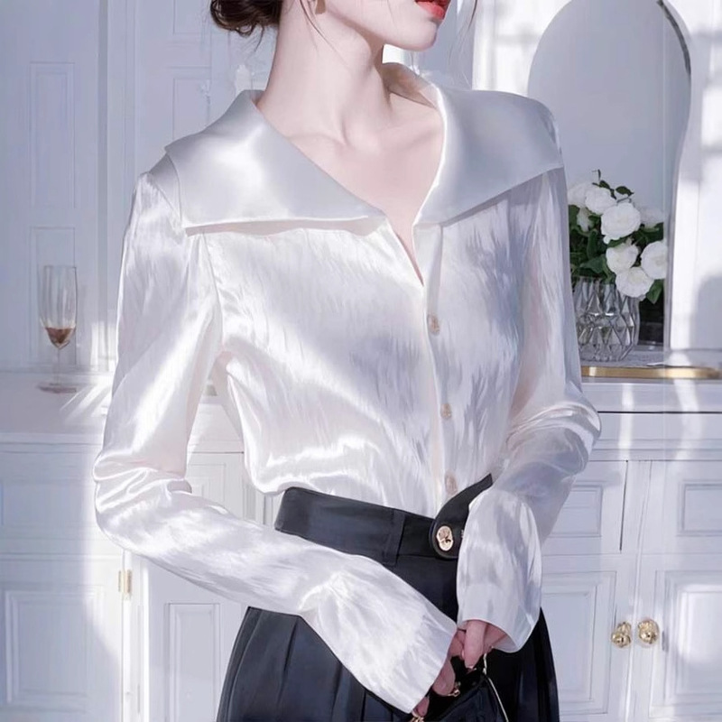 Western Style White Long Sleeve Satin Shirt Women's 2025 Early Spring New Unique French Style Professional Shirt