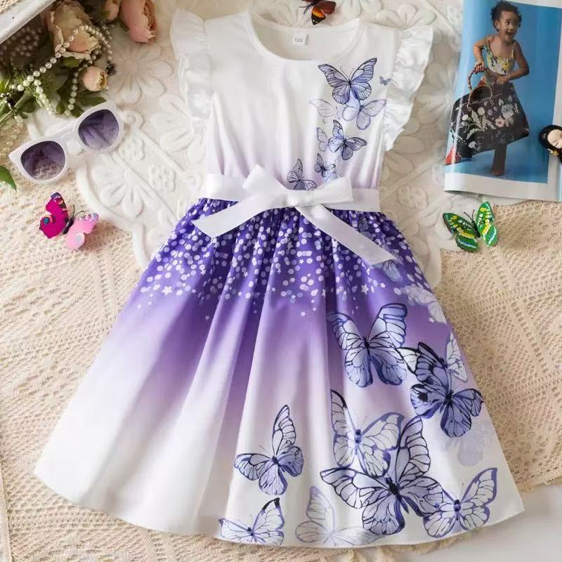 2025 vestido transfronterizo para niñas, posicionamiento de mariposas, vestido de princesa con estampado digital, vestido de manga voladora para niños europeos y americanos