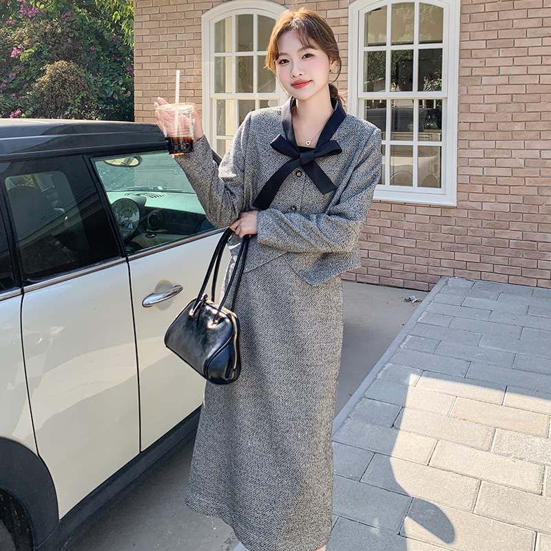 实拍米白色蝴蝶结小香风套装裙女2025春季法式高级感半身裙两件套|undefined