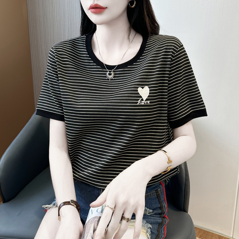 204~条纹刺绣2025夏季新款圆领上衣女图案短袖T恤|undefined