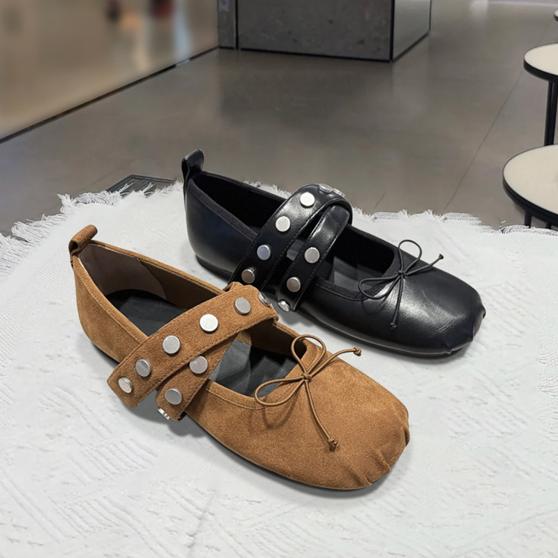 Ready Stock~Cross-Strap Flats Mary Jane Shoes for Women French Retro Shallow Mouth Bow Versatile Casual Ballet Shoes
