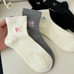 白色蝴蝶結襪子女短襪夏季薄款網眼棉襪芭蕾風日系配小皮鞋中筒襪