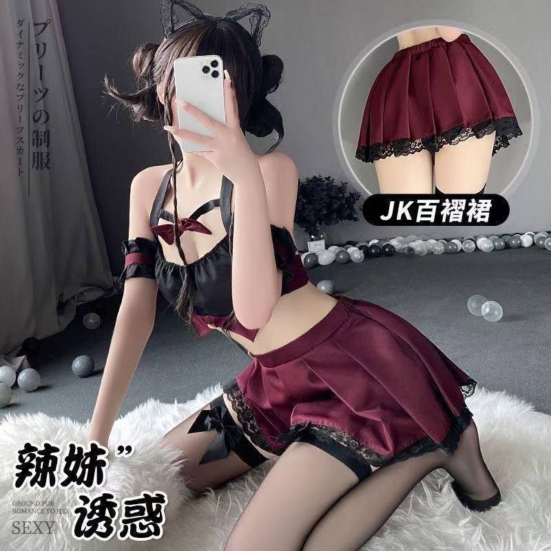 Halter Neck JK Uniform Lingerie Set with Pleated Skirt, Stockings and Ear Accessory — detail image 2
