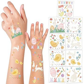 Children's Easter Tattoo Rabbit Birthday Temporary Tattoo Easter Eggs Floral Chick Watercolor Spring Tea Party