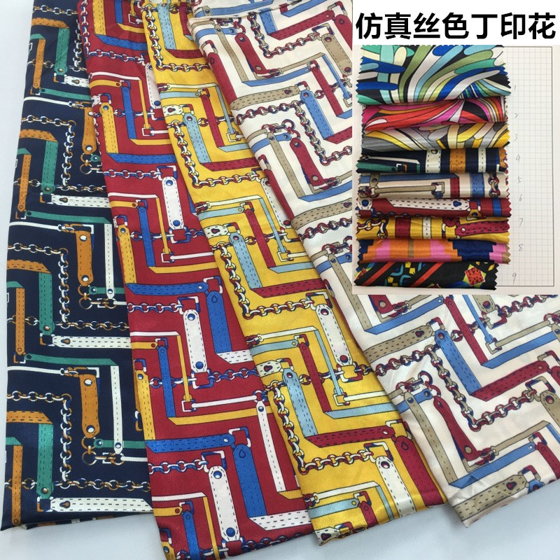 厂家直销仿真丝色丁印花面料 链条锁链色丁面料 印花色丁布料链条
