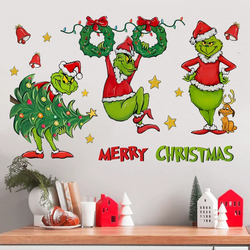 Гринч мультфильм наклейка рождественские декоративные обои зеленая волосатая рождественская елка окна наклейки ПВХ трансграничные наклейки
