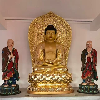 贴金款铜胎三宝佛1米6佛像背光款药师佛阿弥陀佛释迦寺庙大佛摆件