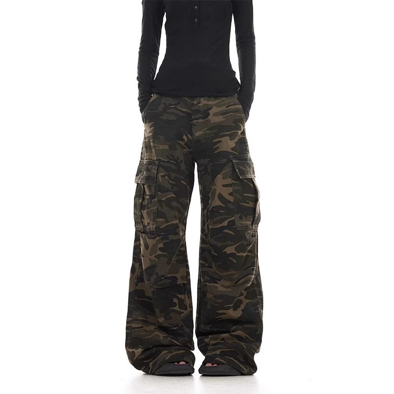 American Retro Washed Design Camouflage Jeans for Men and Women, Loose Straight Multi-Pocket Wide-Leg Cargo Casual Pants