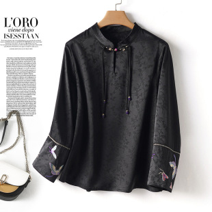Spring and summer new Chinese style mother Hangzhou silk heavy silk fragrant cloud yarn top women's mulberry silk long sleeve