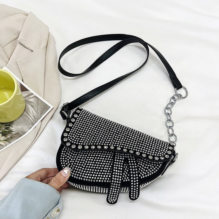 今年流行女包2023新款歐美pu鑲鑽氣質百搭單肩包斜跨包時尚馬鞍包