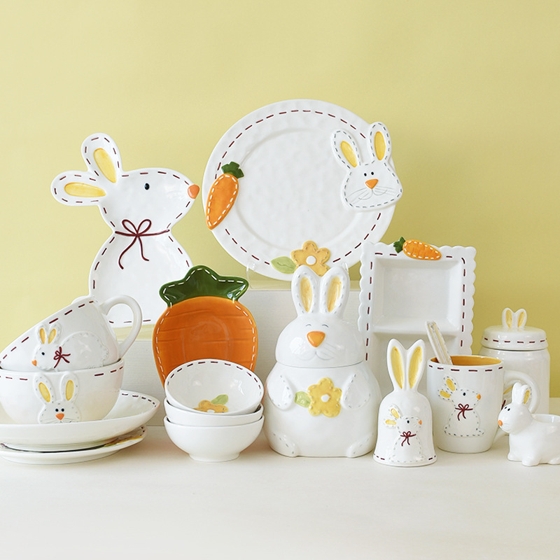 Cute Plate Cartoon Bowl and Plate Tableware Set Kitchenware Set Combination Embossed Western-Style Flat Plate Ceramic Sgs