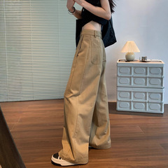卡其色工装裤女夏凉感天丝水洗棉阔腿裤垂感休闲裤感西装裤子