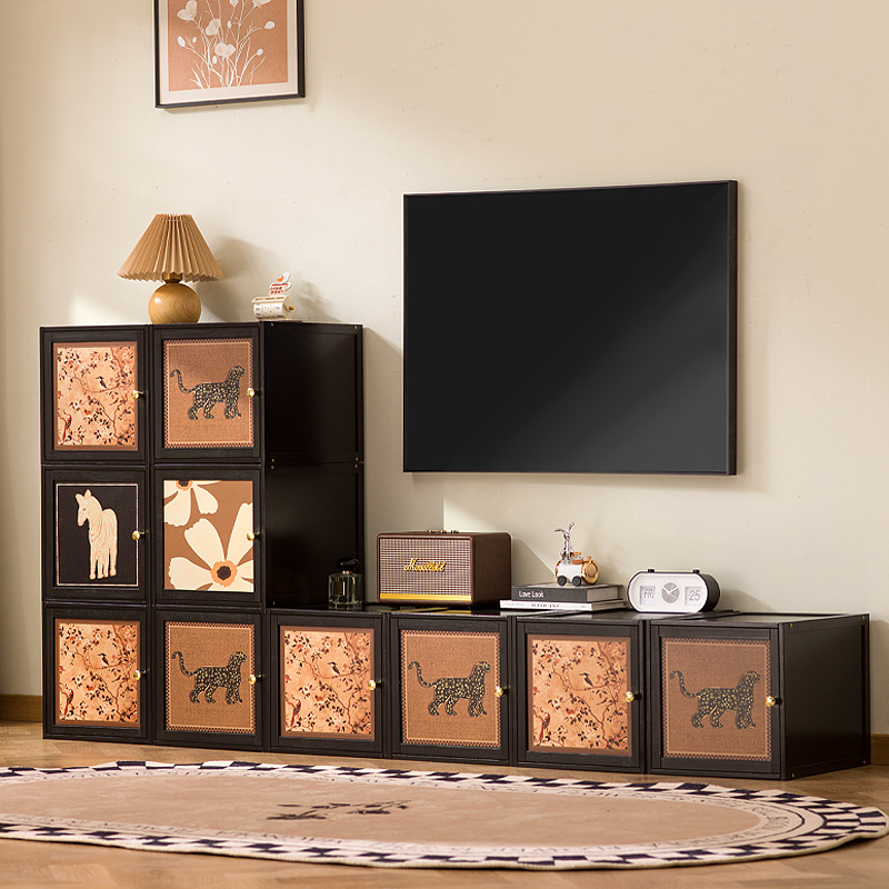 High-End Tv Cabinet Living Room Light Luxury Floor Cabinet Walnut Color Medieval Floor-Standing Small Apartment Combination Module Tv Cabinet