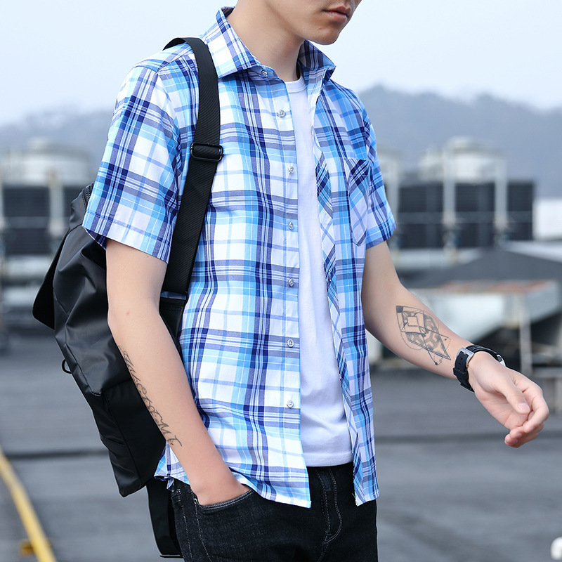 2019 Summer New Men's Short-sleeved Plaid Shirt Business Casual Shirt Handsome All-match Fashionable Cardigan for Youth