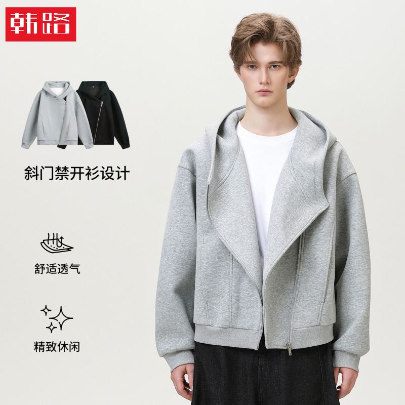 American-Style Diagonal Zipper Cardigan Hooded Sweatshirt, Autumn and Winter Heavy-Duty Texture Short Wide Silhouette Jacket, Trendy Casual Outerwear American-Style Diagonal Zipper Cardigan Hooded Sweatshirt, Autumn and Winter Heavy-Duty Texture Short Wide Silhouette Jacket, Trendy Casual Outerwear
