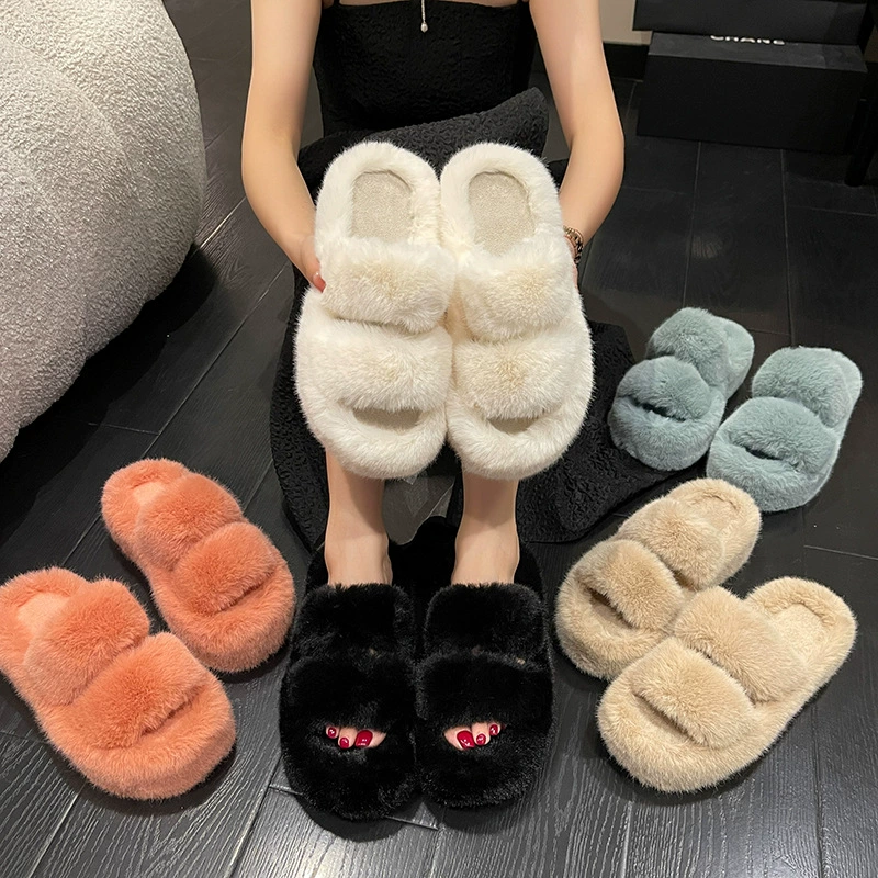 2022 осень-зима Новый Стиль однорядные пушистые тапочки с ножками для верхней одежды хлопковые тапочки на плоской подошве женские двойные с брусьями пушистые Тапочки