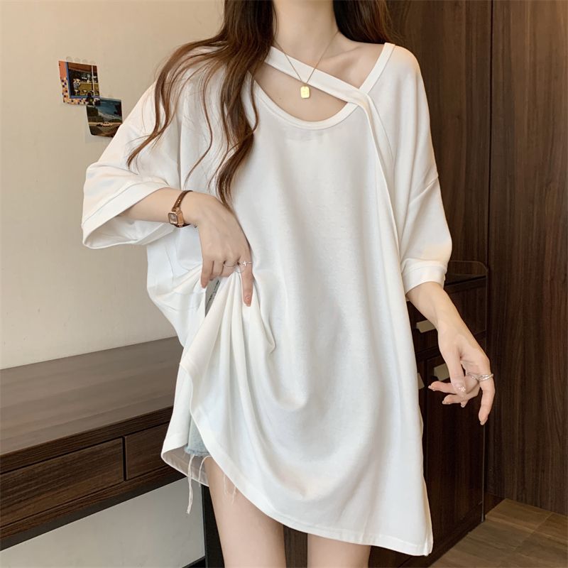 Camiseta de manga corta de longitud media de las mujeres verano nuevo adelgazamiento suelto más tamaño diseño sentido caída-hombro manga camisa de fondo superior para las mujeres image 4