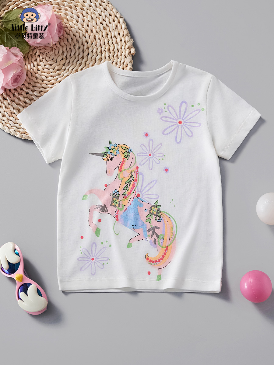 Children's Clothing Summer Girls Short-Sleeved 25 New White T-Shirt Unicorn Pattern Pure Cotton Girls Half-Sleeved Factory Wholesale