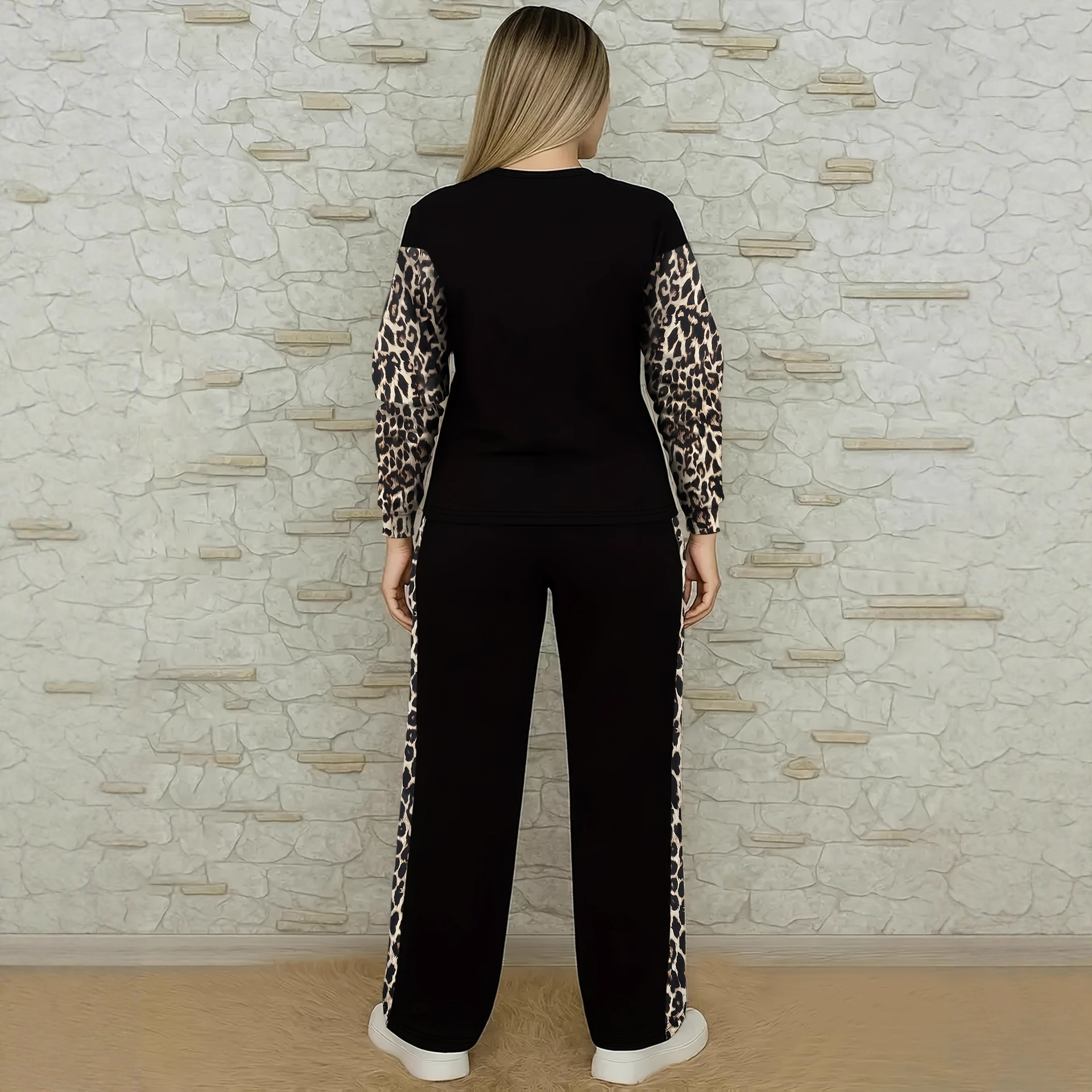 Women's Leopard Print Two Piece Set Crew Neck Top & High Waisted Trousers European American Style Trendy Winter Outfit_ecoleips.com