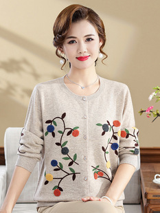 100 Pure Wool Cardigan Women's Mother's Spring Sweater Coat Middle-aged and Elderly Clothes Grandma's Spring and Autumn Sweater