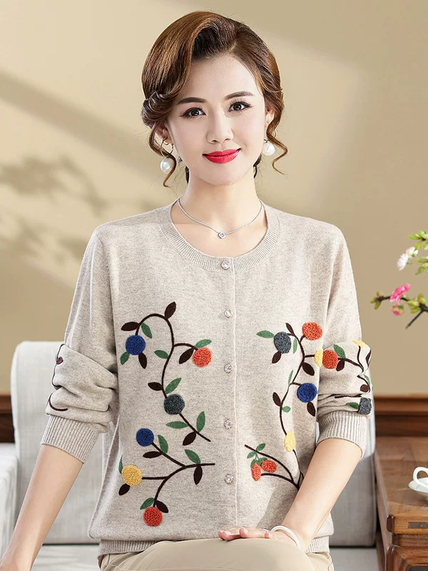 Mother Woolen Cardigan - Spring/Autumn Knit with Floral Embroidery, Sizes M-5XL, Camel/Red/Gray
