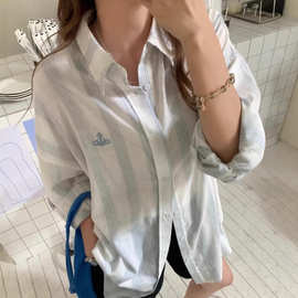 西太后亚麻衬衫土星刺绣竖条纹防晒衬衣女中长款宽松显瘦韩版衬衣