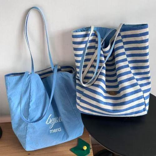 2025 Summer Striped Canvas Tote Bag, Korean Ins Lazy Style Shoulder Bag for Students, Large Capacity Casual Women's Bag