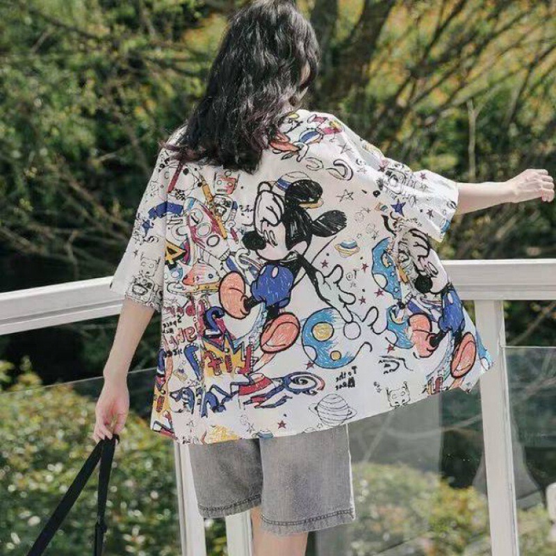 4043 Summer New Mickey Graffiti Shirt Women's Quarter Sleeve Couple Korean Style Jacket Printed Cartoon Short Sleeve Shirt