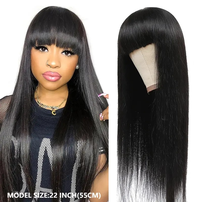 Long Synthetic Hair Wig With Bangs Straight And Wavy Full Coverage_voghion.com